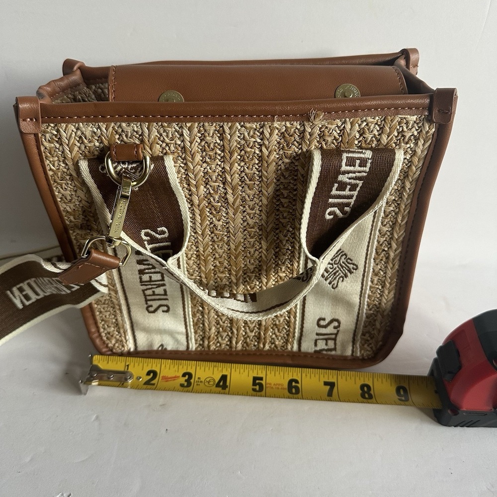 Steve Madden Bwebber Straw Satchel Crossbody Logo Bag Cognac 9" With Small Pouch - Picture 9 of 11